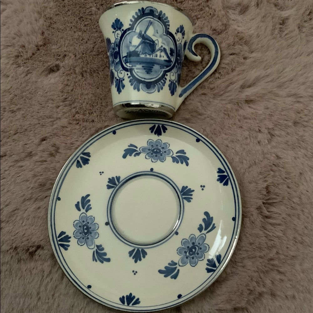 Vintage Elesva Delfts Blue Holland Handpainted Windmill Silver Tea Cup Saucer
